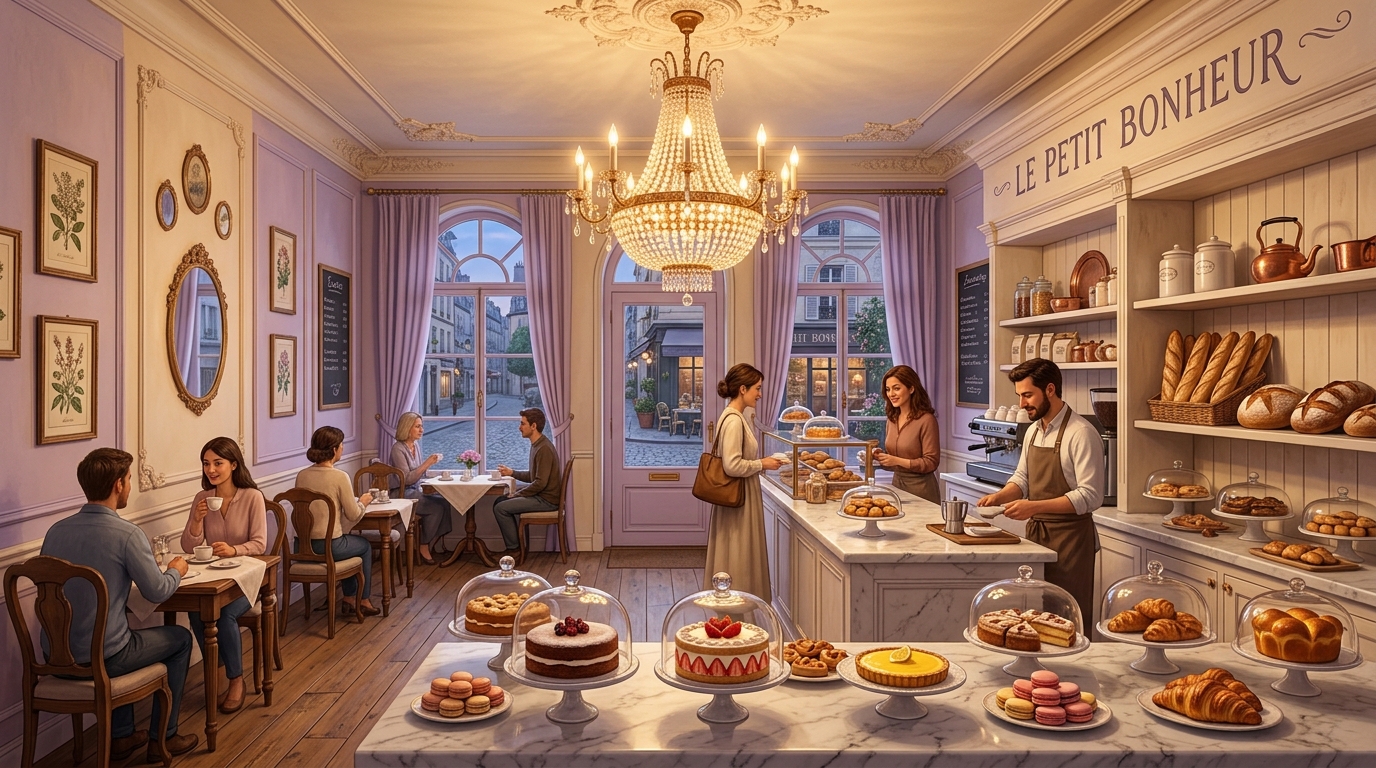 El sueño de la pastelería boutique de Valery con su gran candelabro y detalles lavanda